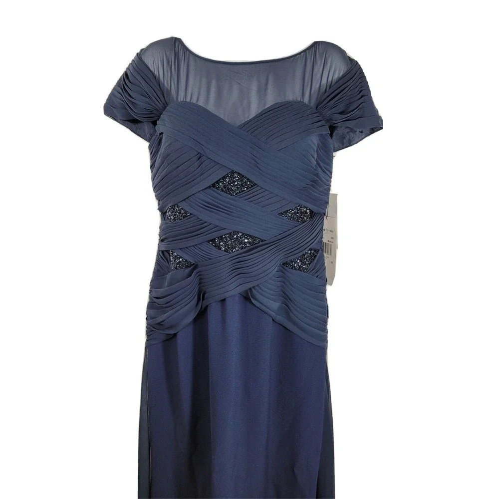Navy Blue Short-Sleeve Bridal Gown with Embellished Waist - Picture 7 of 9